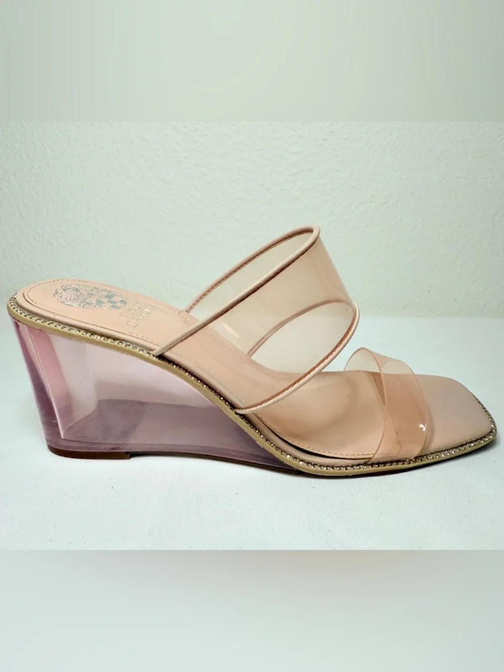 Vince Camuto Clear Pink Wedge Sandals Rhinestone Trim Size 9